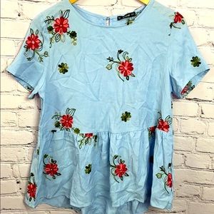 🍃Shein Blue Woven Embroidered Peplum Top